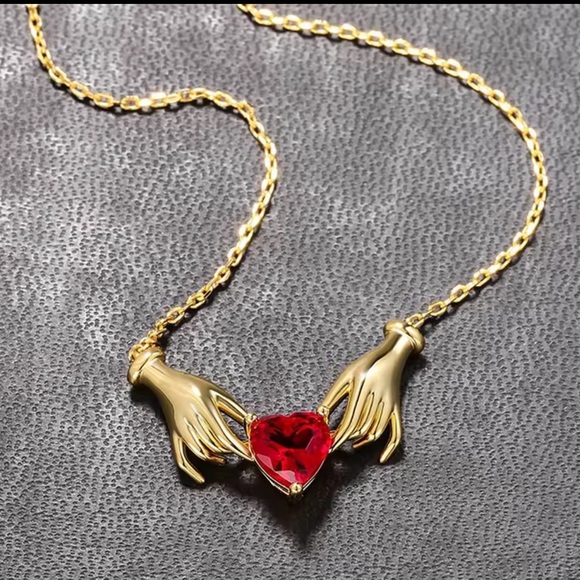 Anthropologie Jewelry - Gold Hands Holding Red Heart Necklace Romantic